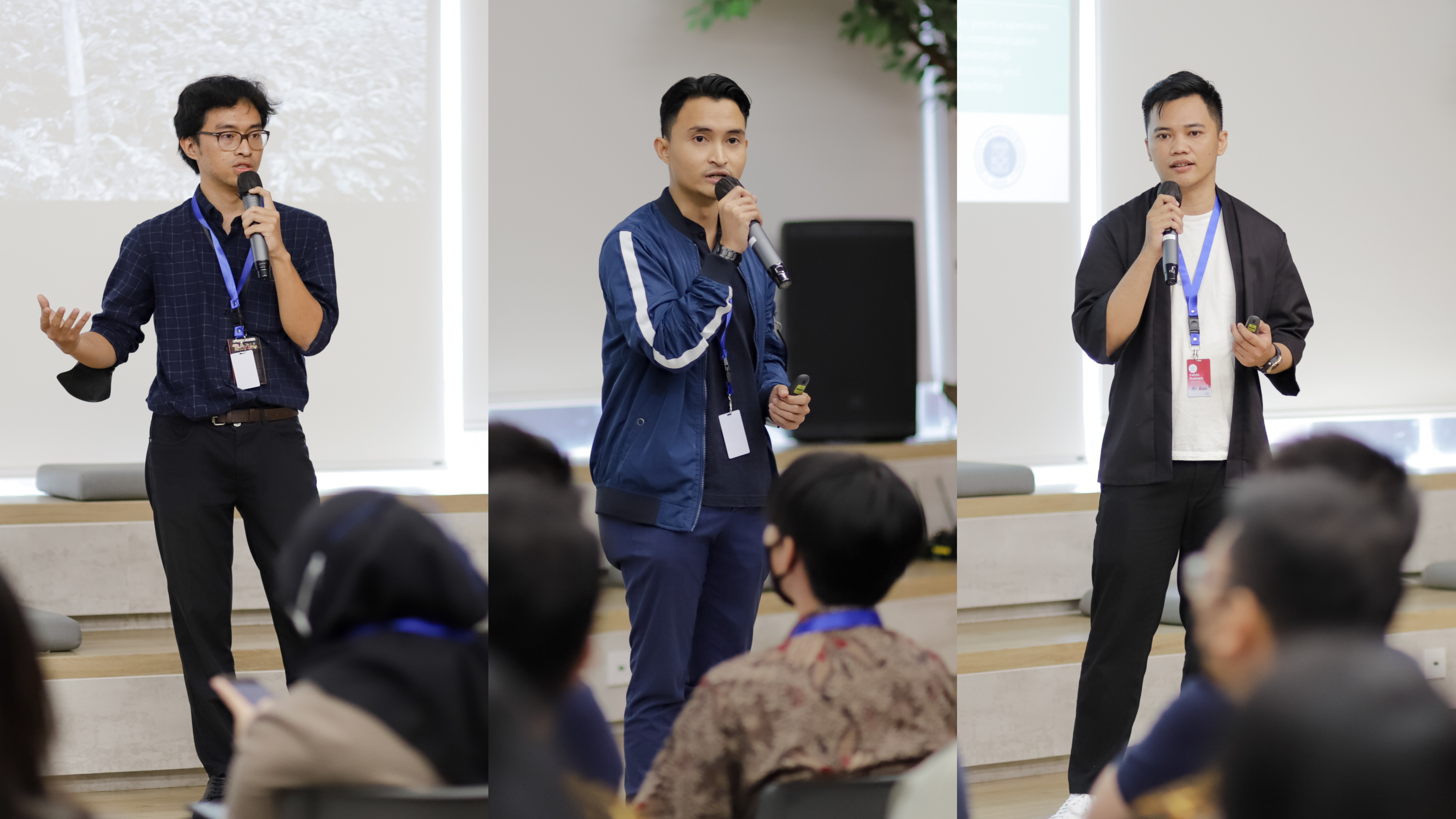 Dari kiri ke kanan, Arka Irfani, CEO Bell Society, Agung Bimo, CEO CarbonEthics, dan Calvin Rudolph, COO Surplus Indonesia, menjelaskan bisnis mereka selama sesi presentasi, kemudian dilanjutkan dengan sesi tanya jawab.